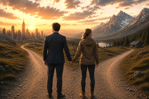 A couple at a fork in the road at sunset — one path leads toward a city skyline, the other to a cabin in the mountains.